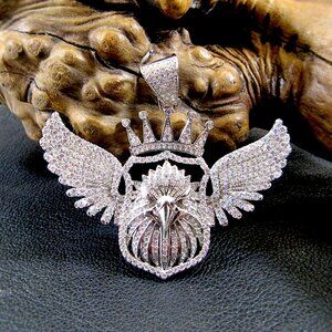 Solid 925 Sterling Silver Rhodium Plated Crowned Eagle Hip Hop Jewelry Pendant